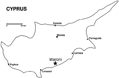 Location view showing Maroni village near Zygi and the south Cyprus coast