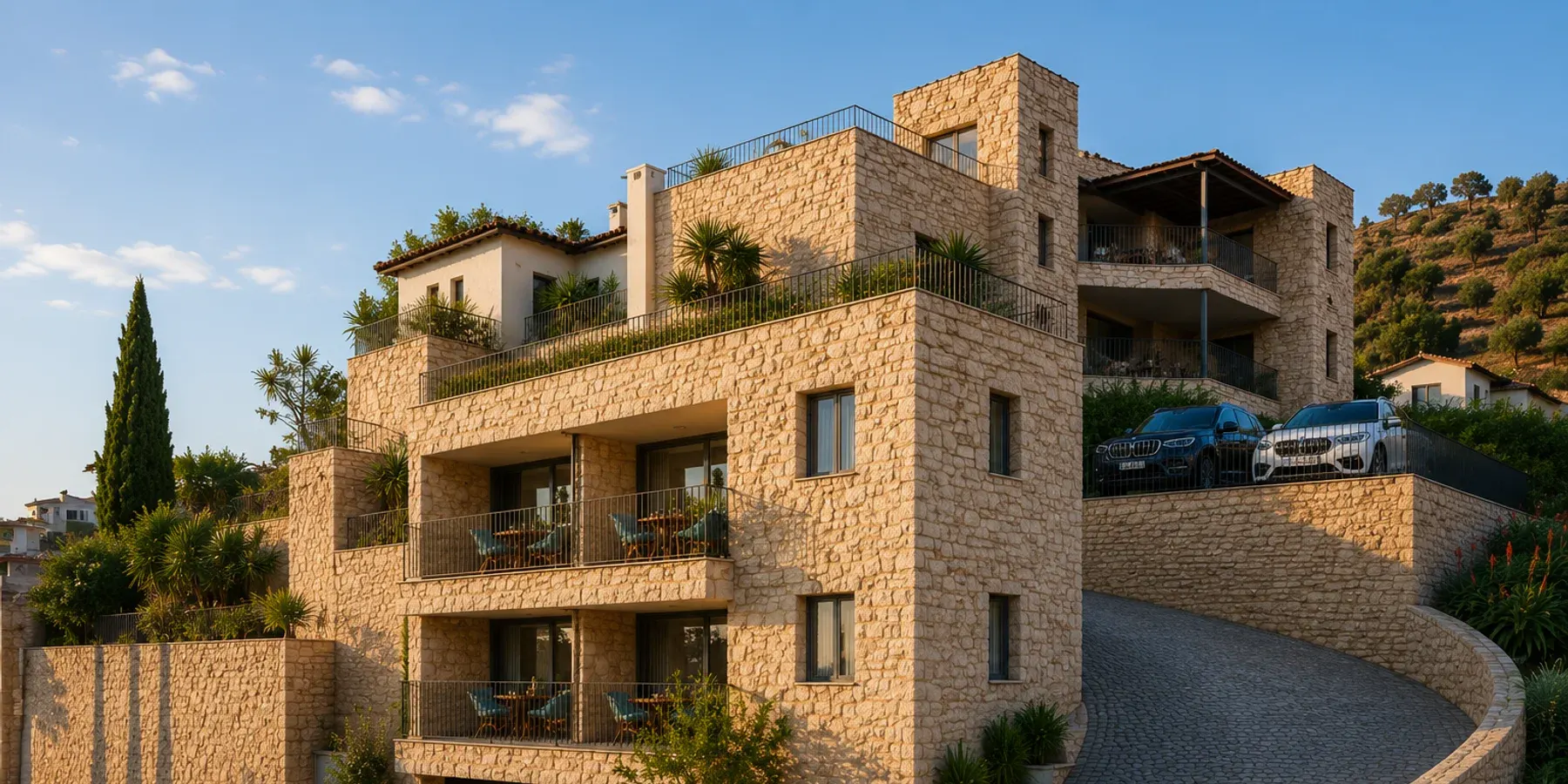 Exterior render of Maroni Hills Residence 3 on a village street in Maroni, Cyprus